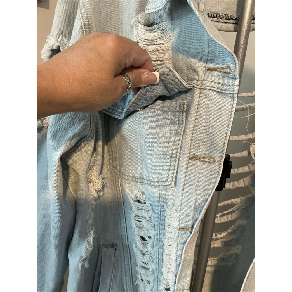Thrill Jeans Long Denim Acid Washed Jacket Distressed Destroyed Frayed Button 2X - Picture 3 of 13